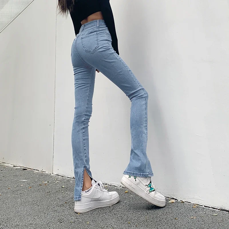 2024 Spring and Autumn Chic High Waist Blue Denim Pants Small Split Slim Thin Flared Jeans Casual Pencil Tight Skinny Trousers