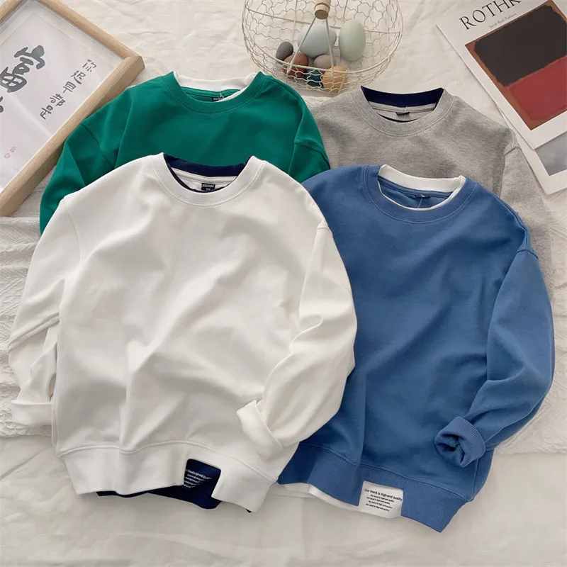 4 5 6 8 10 12 14 Years Boys Hoodies Patchwork Round Neck Long Sleeve Sweatshirt For 4-14Y Teen Kids Sports Casual Pullover