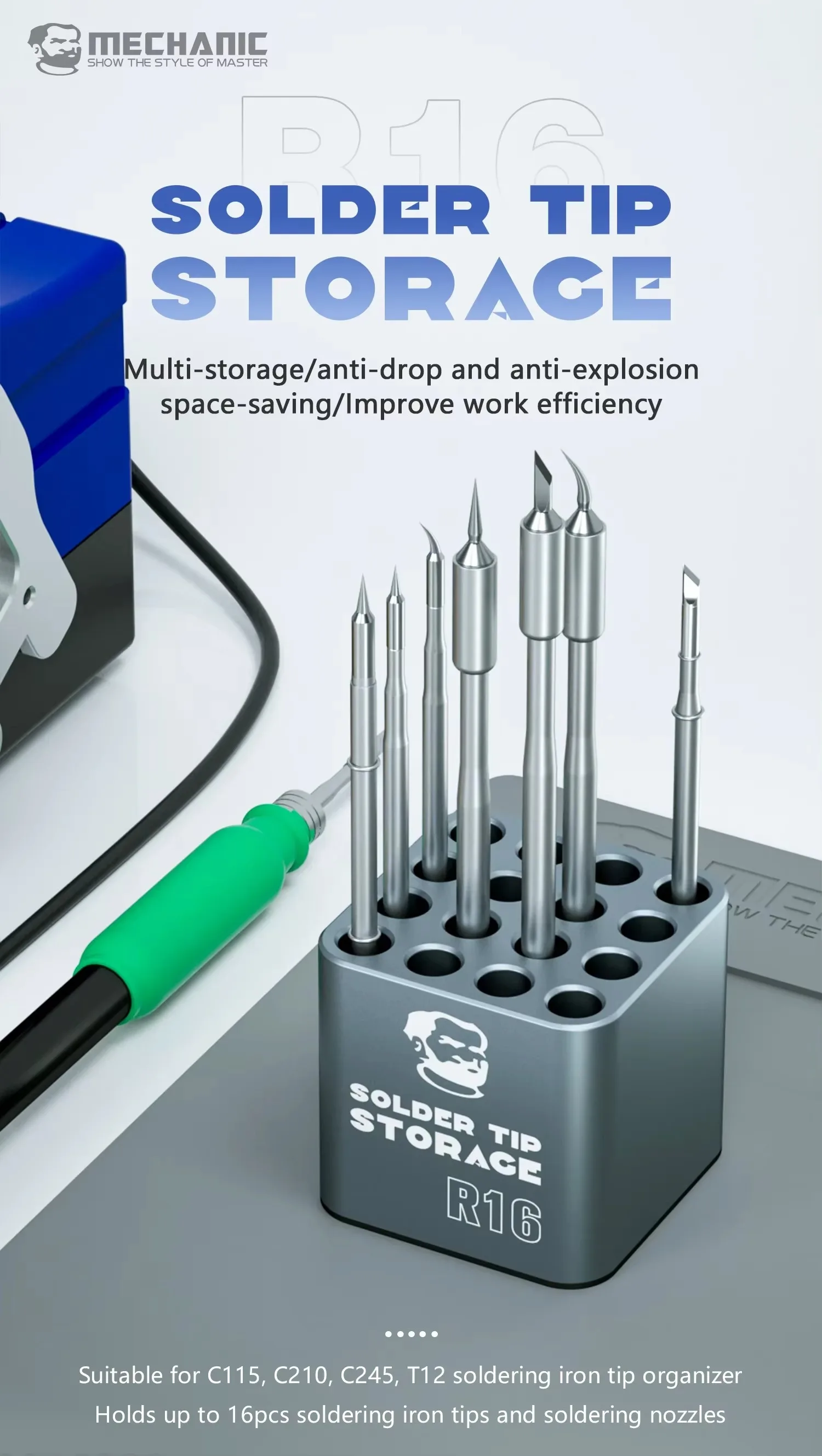 Mechanic R16 Multifunktionale Aufbewahrungsbox für Lötspitzen, geeignet für C210, C245, C115, T12, Organizer für Heizkerne, Halter für Lötspitzen. – Detail 3
