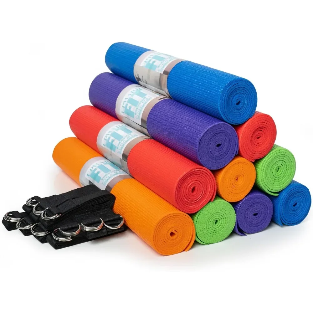 

10-Pack Classic Yoga Set: 10 Non-Slip Mats (68"x24"x4mm) + 10 6ft D-Ring Straps | Ideal for Schools & Studios