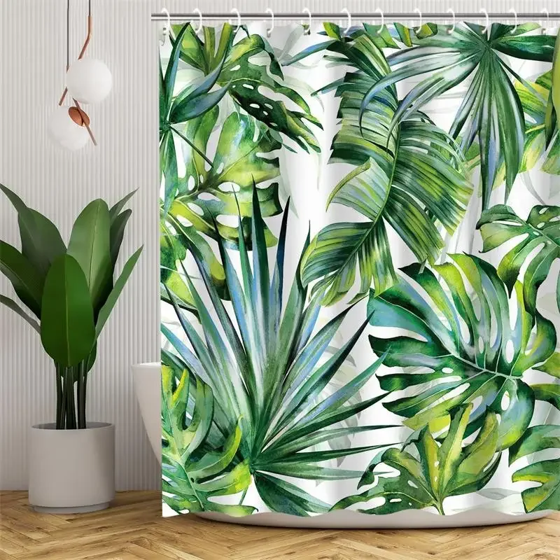 Tropical Leaves Shower Curtain Green Monstera Palm Leaf Parrot Jungle Animals Watercolour Art Cloth Bathroom Curtains Decoration