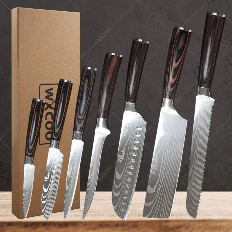 

Damascus Laser Pattern Kitchen Knives Set Stainless Steel Japanese Knife Santoku Knife Colored Wooden Handle Chef Knife