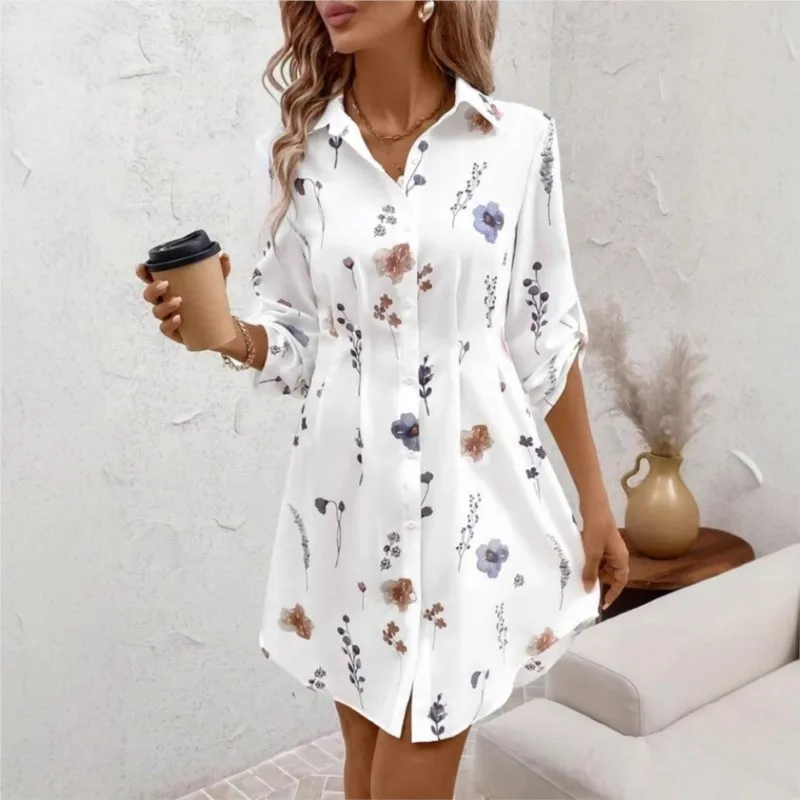 여성 셔츠 드레스 가을 캐주얼 신상 우아한 플로럴 프린트 라펠 긴팔 슬림 웨이스트 미니 드레스 여성 셔츠 베스티도스