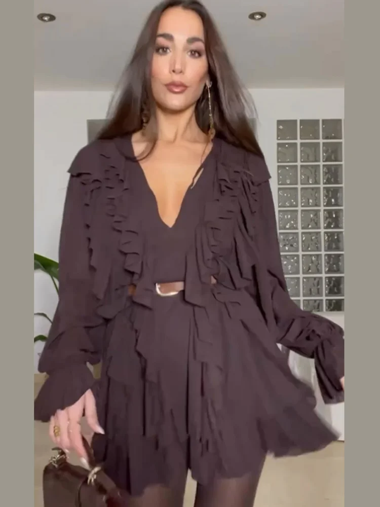 Elegant V-neck Ruffles Mini Dresses Women Casual Loose Lace Up Long Sleeved Dress Female 2025 Spring Chic High Street Robes