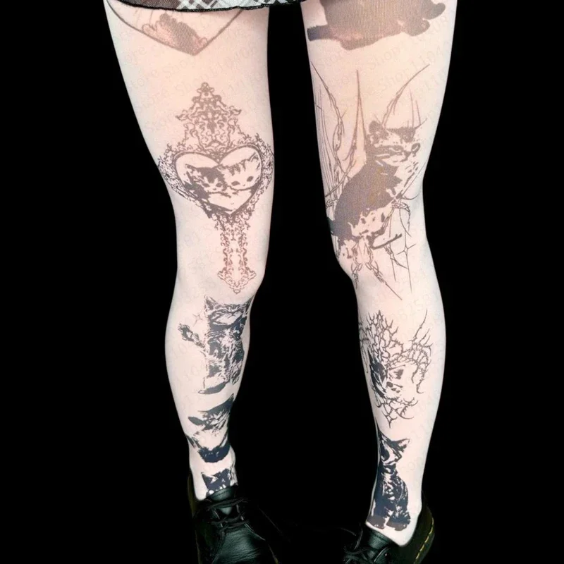 Y2K socks classic style cute cat print women's jumpsuit Japanese sweet Kawaii slim fit Lolita thigh high socks 2000s Emo Gilrs ﻿