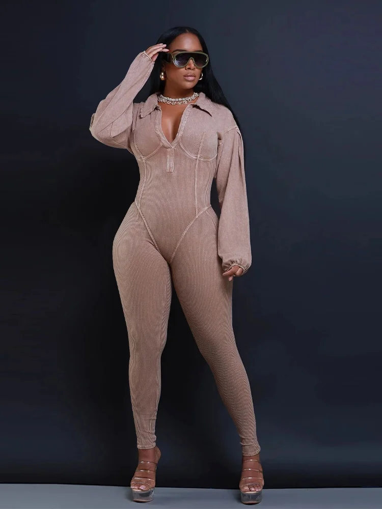 

Sister Star Women's Jumpsuit Fashion Autumn Winter Casual Solid Color V-neck Leg Sleeve Tight Spliced Street Jumpsuit Outfit