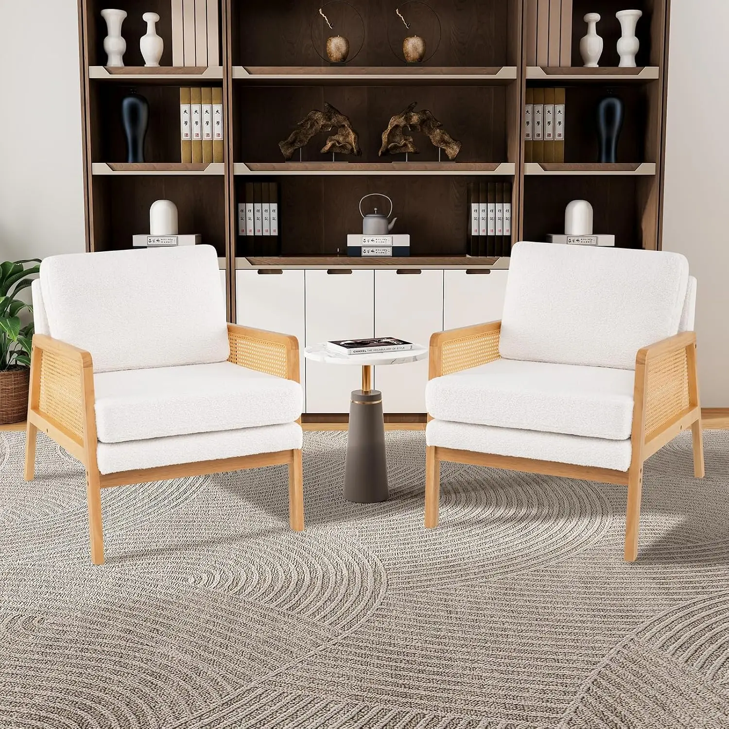 Mid Century Modern Accent Chair Set of 2, Boho Boucle Living Room Arm Chair w/Rattan Arms, Wooden Frame, Thick, Customized