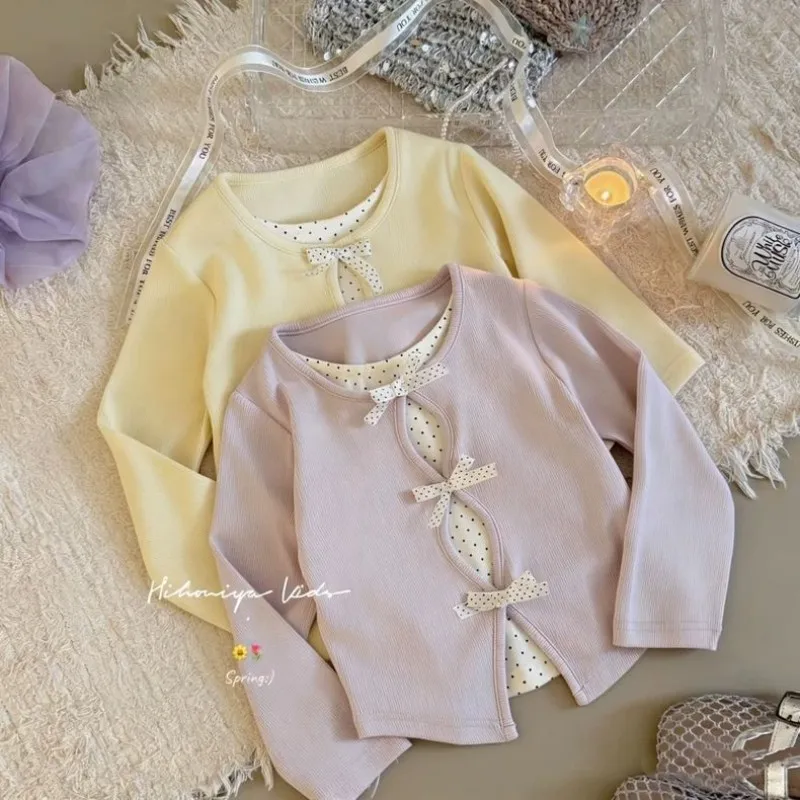 

Spring and Autumn Girls Sweet Wave Dot T-shirt Fashion New Children's Long Sleeve Sweet Bow Top