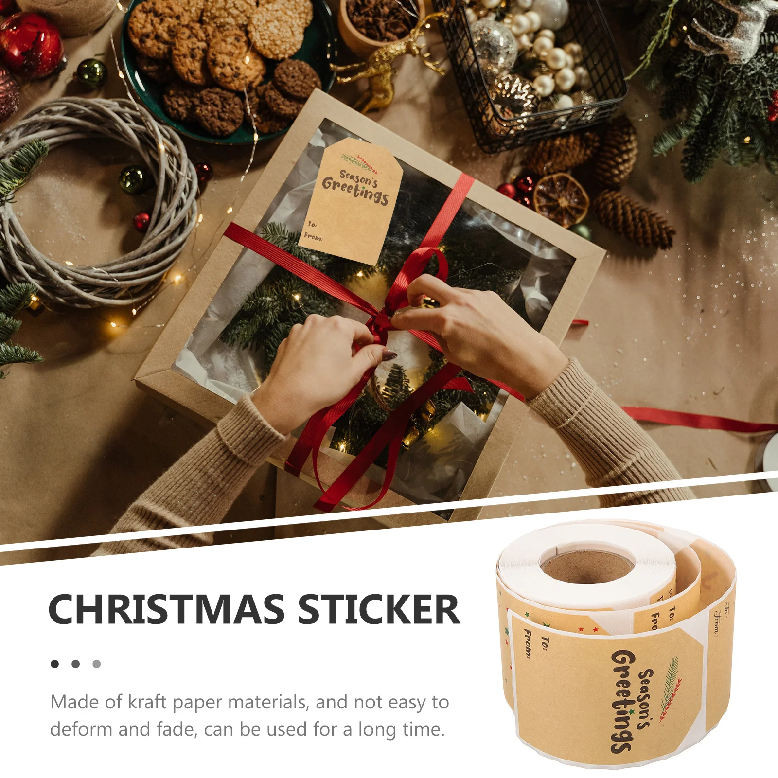 

1 Roll Kraft Paper Christmas Seal Sticker Roll Decorative Gift Box Stickers for Holiday Cards Envelopes Christmas Label Stickers