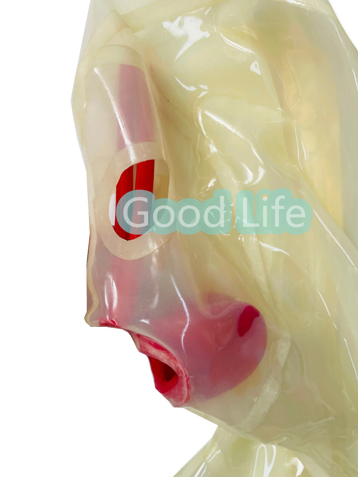 Handmade full cover transparent natural latex catsuit 15cm long nose tube red teeth zip hidden two sheath