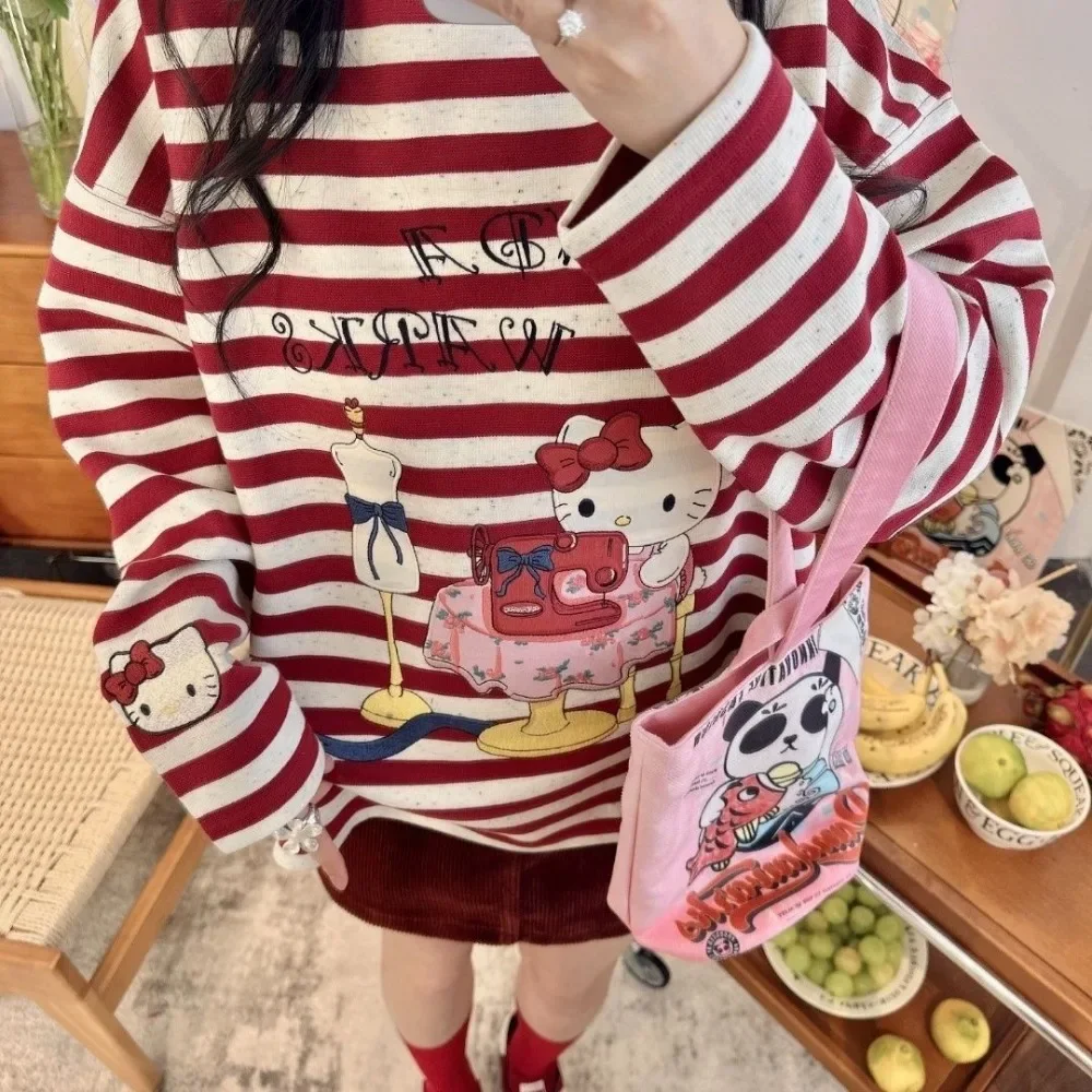 Miniso Hello Kitty T-shirt Cute Stripe Printed Cotton Long Sleeve Cartoon Spring Autumn New Loose Round Neck Dopamine Top