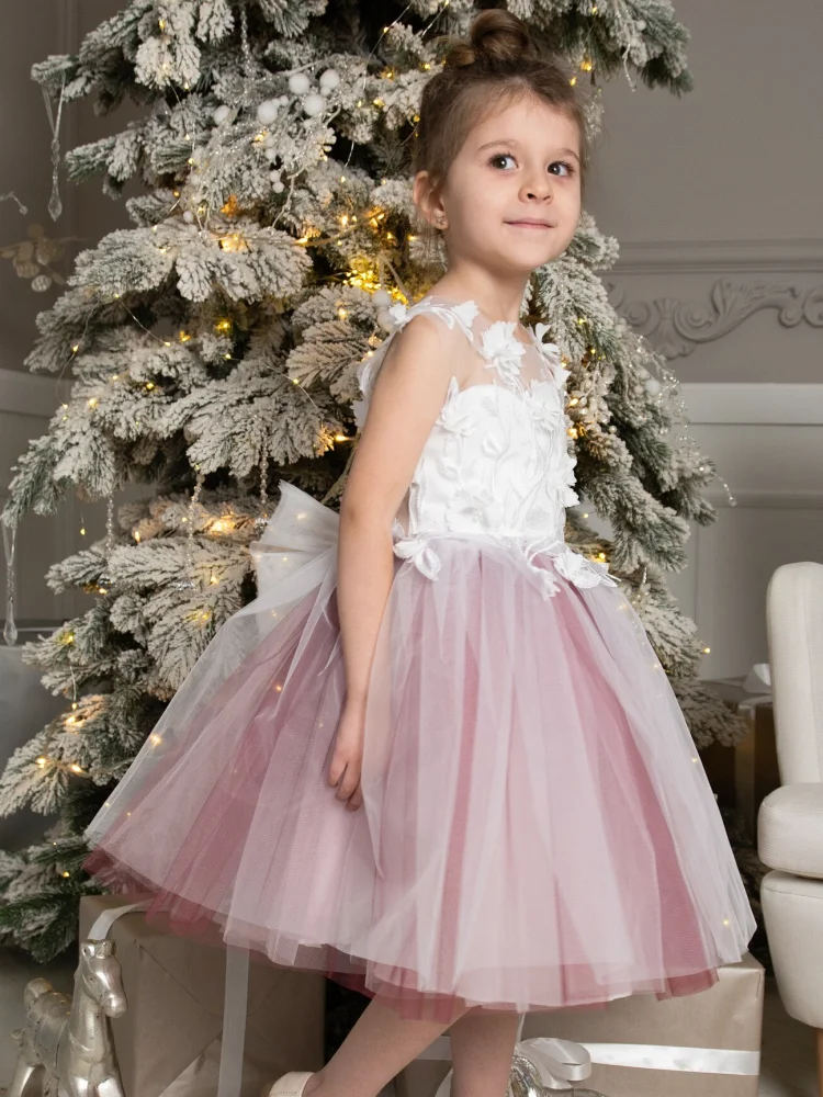 Robes de demoiselle d'honneur en tulle rose poussiéreux, appliques florales blanches avec nœud pour fête de mariage, anniversaire, première communion, quoi que ce soit