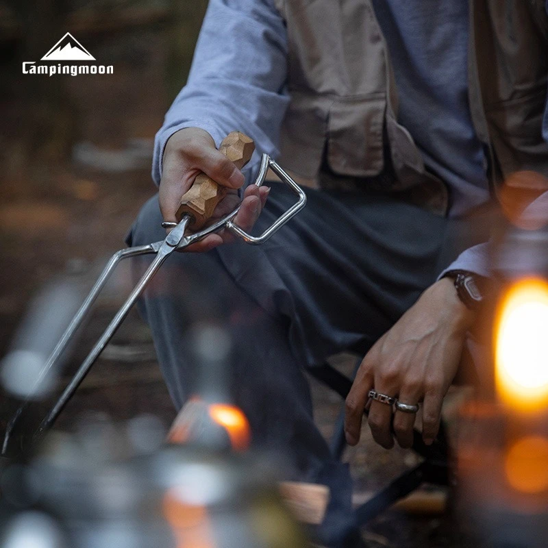 

CAMPINGMOON MS-42 Fire Tongs Thickened Stainless Steel with Charcoal Clip Solid Beech Carbon for Camping And Outdoor Cooking