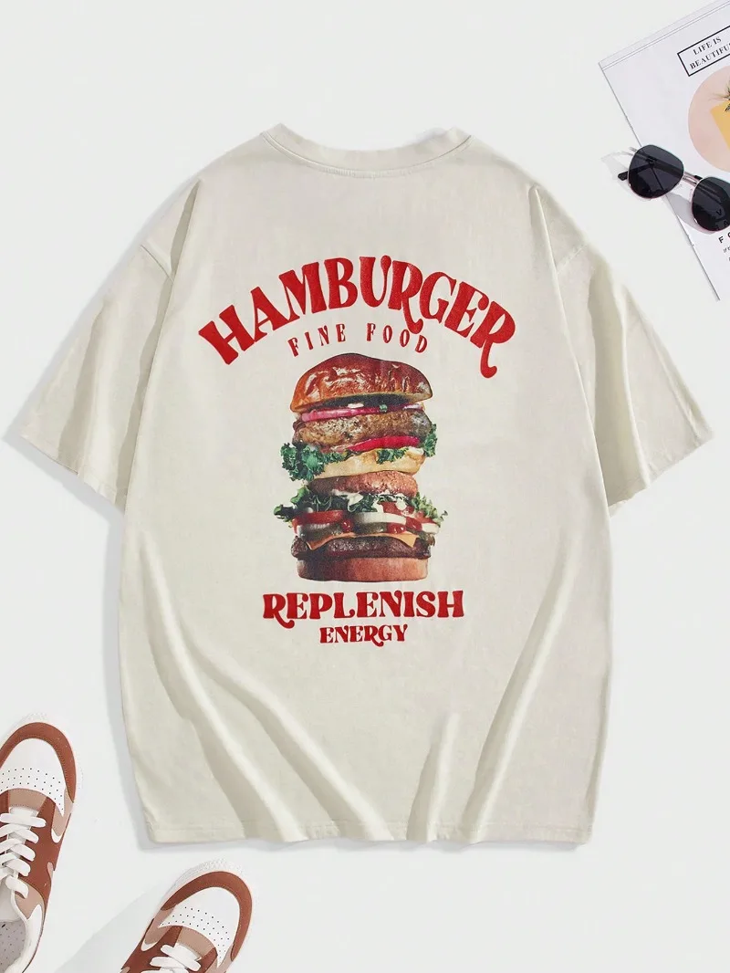 Men\'s T-shirt Hamburger & Letters Graphic Double-sided Printed Summer Round Neck Short Sleeve Trend for Men and Women