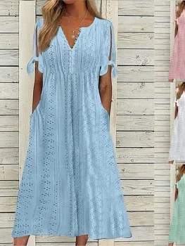 Yaz Yeni Kadın Orta Uzunluk Elbise Seksi Delikli Delikli Dantel Up V Yaka Pileli Kenarlar Moda Patchwork Elbise