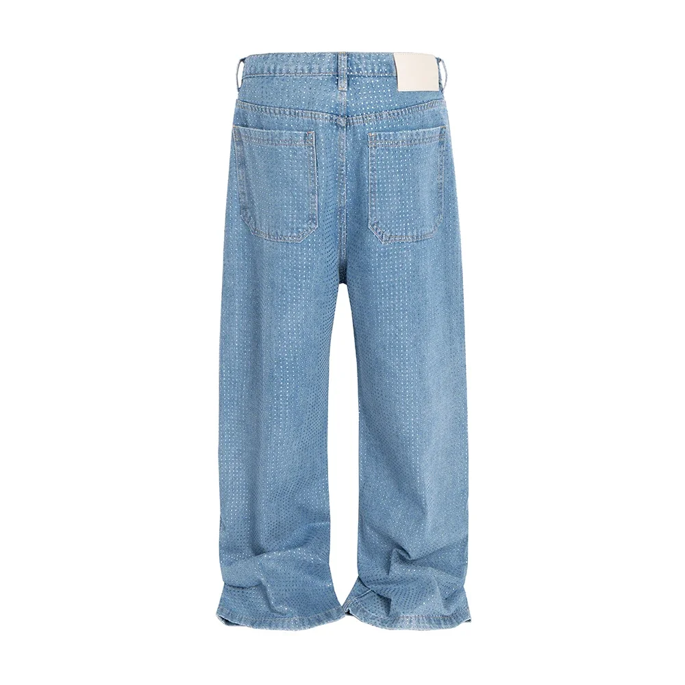 Full Rhinestone Shinning Diamond Baggy Jeans Pants for Men Straight Hip Hop Washed Vintage Loose Denim Trousers Oversized