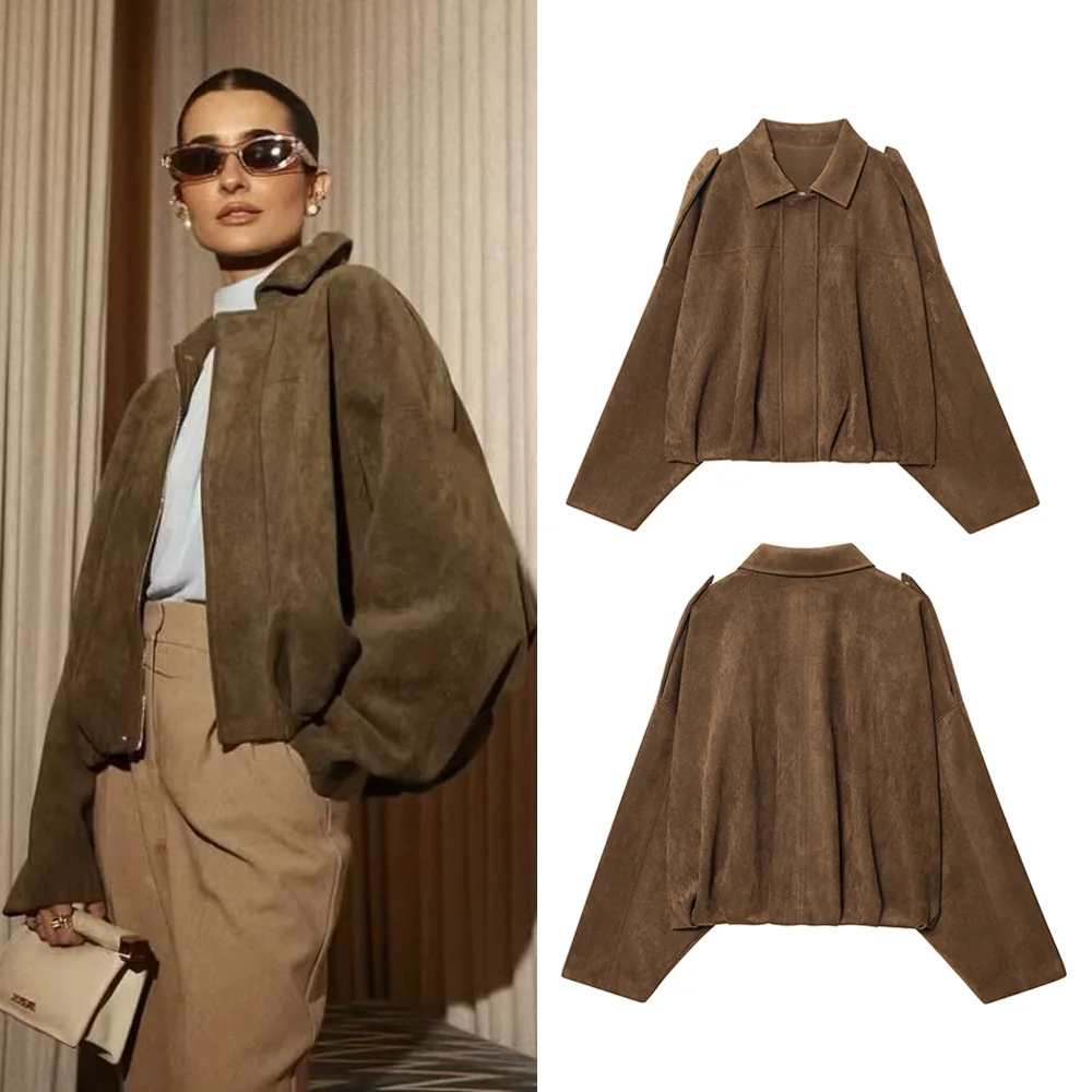 

Women Loose Suede Jacket Autumn Woman Vintage Fashion Jacket Long Sleeve Lapel Oversize Coat 2025 Casual Zipper Short Outwear