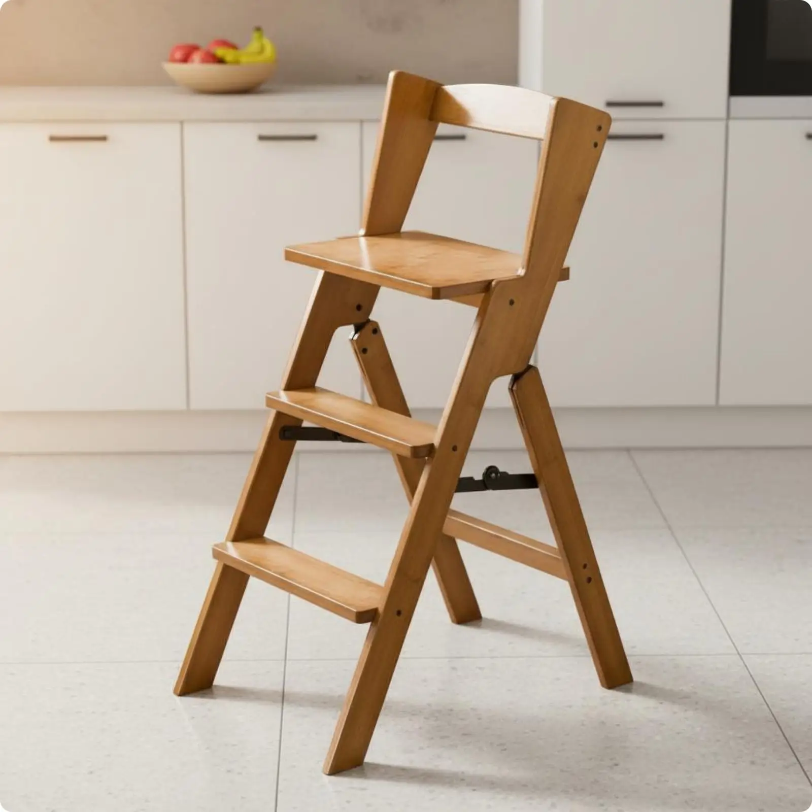 Foldable Step Stool with Backrest Wooden Design Counter Height Chair Multifunction for Home Kitchen Storage and Household Use