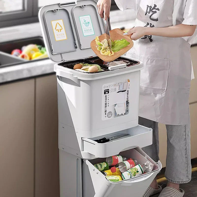 Large Capacity Kitchen Trash Can With Lid Step-on Design Hands-Free Operation Separate Compartments Household Waste Bin Bathroom