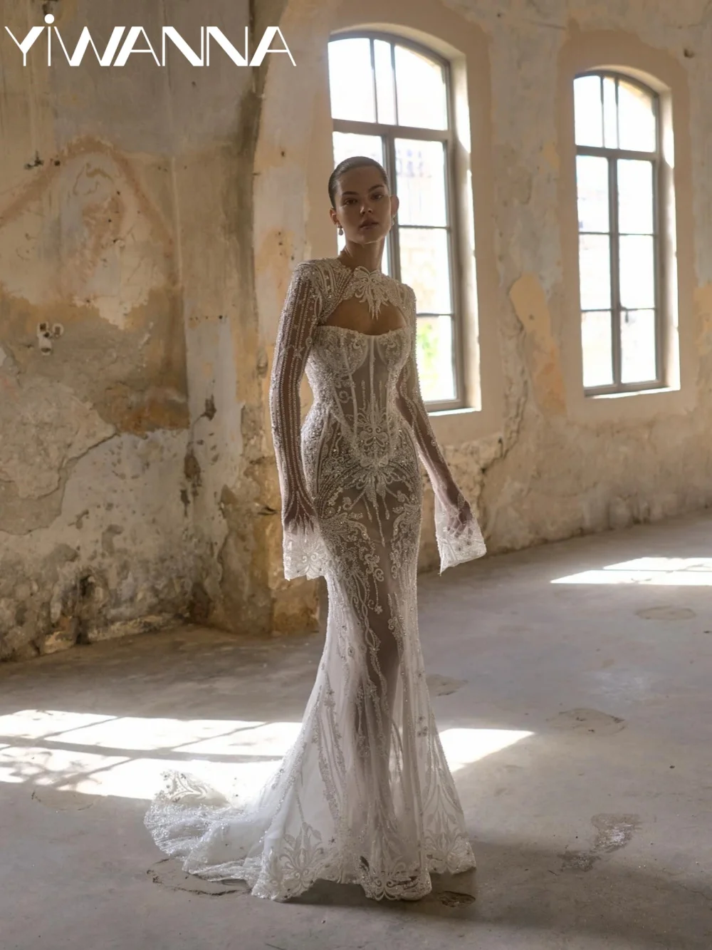 

Shimmering Beaded Wedding Dress Detachable Sleeve Mermaid Long Bridal Gown New Customized Illusion Luxury Dresses For Bride