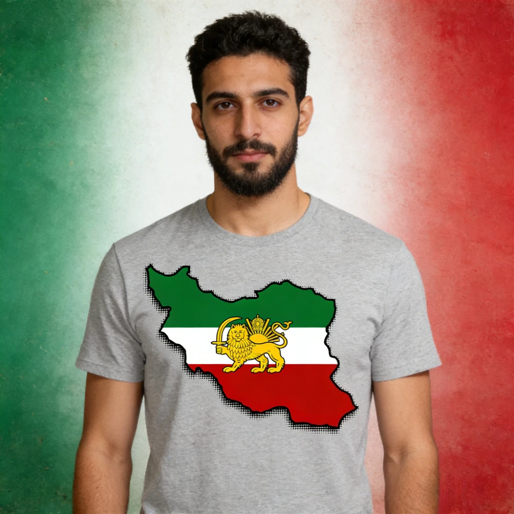 Iran Löwe und Sonne Persische Pahlavi-Flagge T-Shirt Iran Karte Bedrucktes Shirt Patriotische Kleidung Herren Damen Unisex Alltag Freizeit T-Shirt