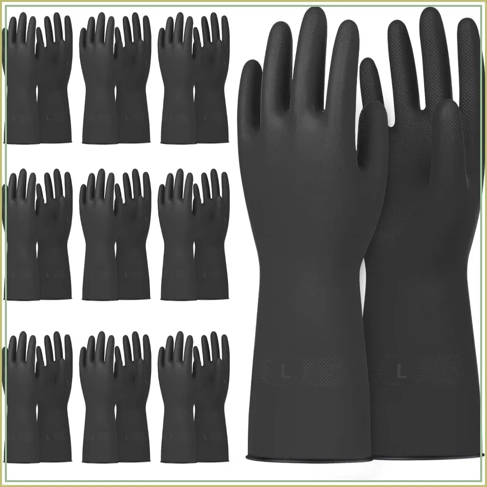 10 Pairs Heavy Duty Rubber Gloves, Chemical Resistant, Textured Palm, Large, Black
