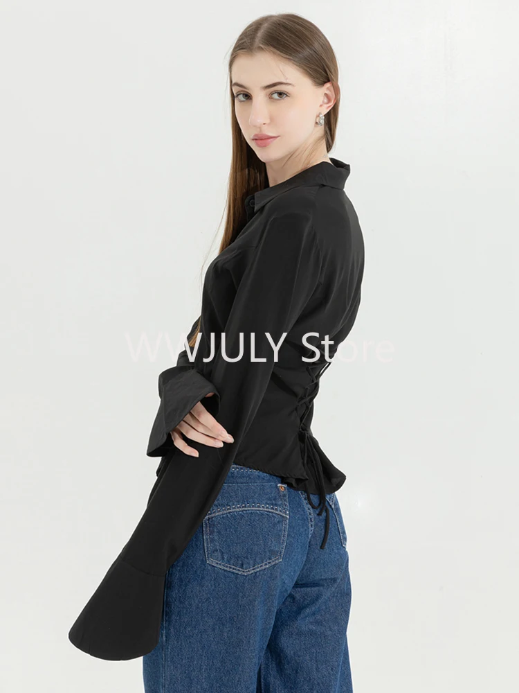 2024 New Women Retro Solid Color Slim Chiffon Shirt Turn-down Collar Flare Sleeve Tunic Bandage Design Female Blouses