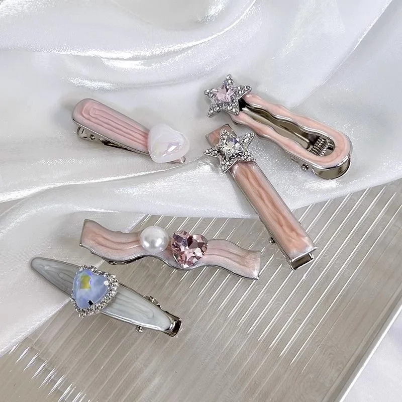 

5pcs/set Pink Shiny Rhinestone Hair Clips for Girl Cute Heart Sided Clips Bangs Clips Sweet Headwear Hair Accessory