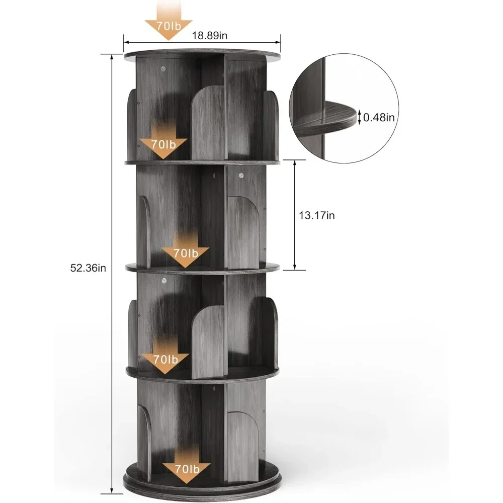 Rotating Bookshelf,Rotating Bookshelf Tower for Small Space,360Display 4Tier Floor Standing Storage Rack,Wood Narrow Book Shelf