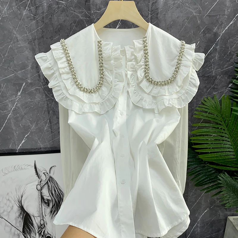 

Белая женская рубашка из чистого хлопка с богатой отделкой, на пуговицах, с воротником-стойкой, из качественного хлопка, с длинными рукавами, прямого кроя