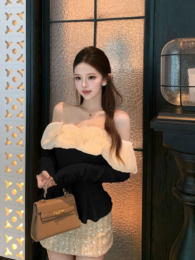 تي شيرت Ele Floral One-oulder بقصة ضيقة طويلة Sve Sweet Base تي شيرت Sli Top لموسم الخريف للسيدات Faion