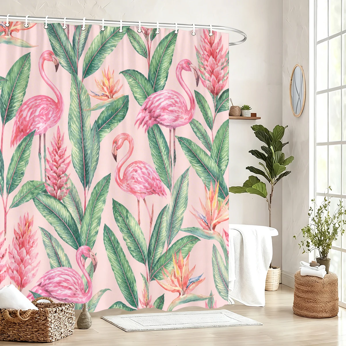 Vibrant Printed Polyester Bathtub Curtain - Charming Floral & Animal Design Bathroom Decor, Lovely Bath Curtain for Home