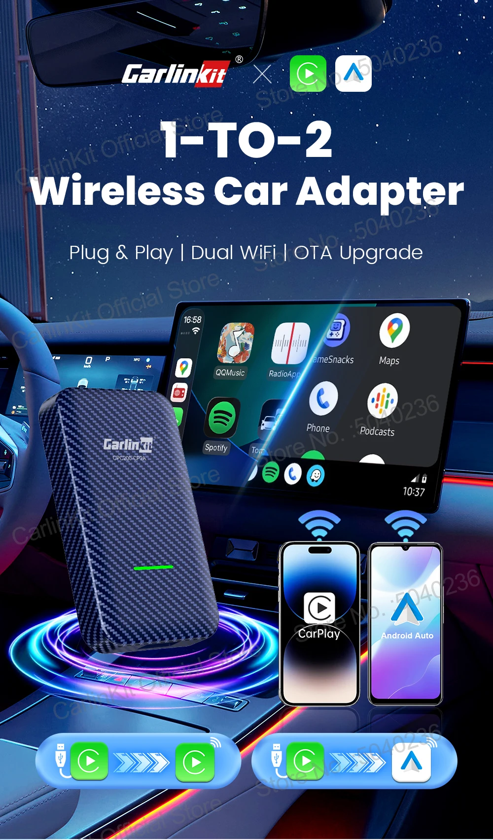 CarlinKit 4.0 CP2A 2-in-1 CarPlay Android Auto Wireless Adapter für kabelgebundene CarPlay-Fahrzeuge BT Wifi 5GHz Online-Upgrade Smart Car Box – Detail 1