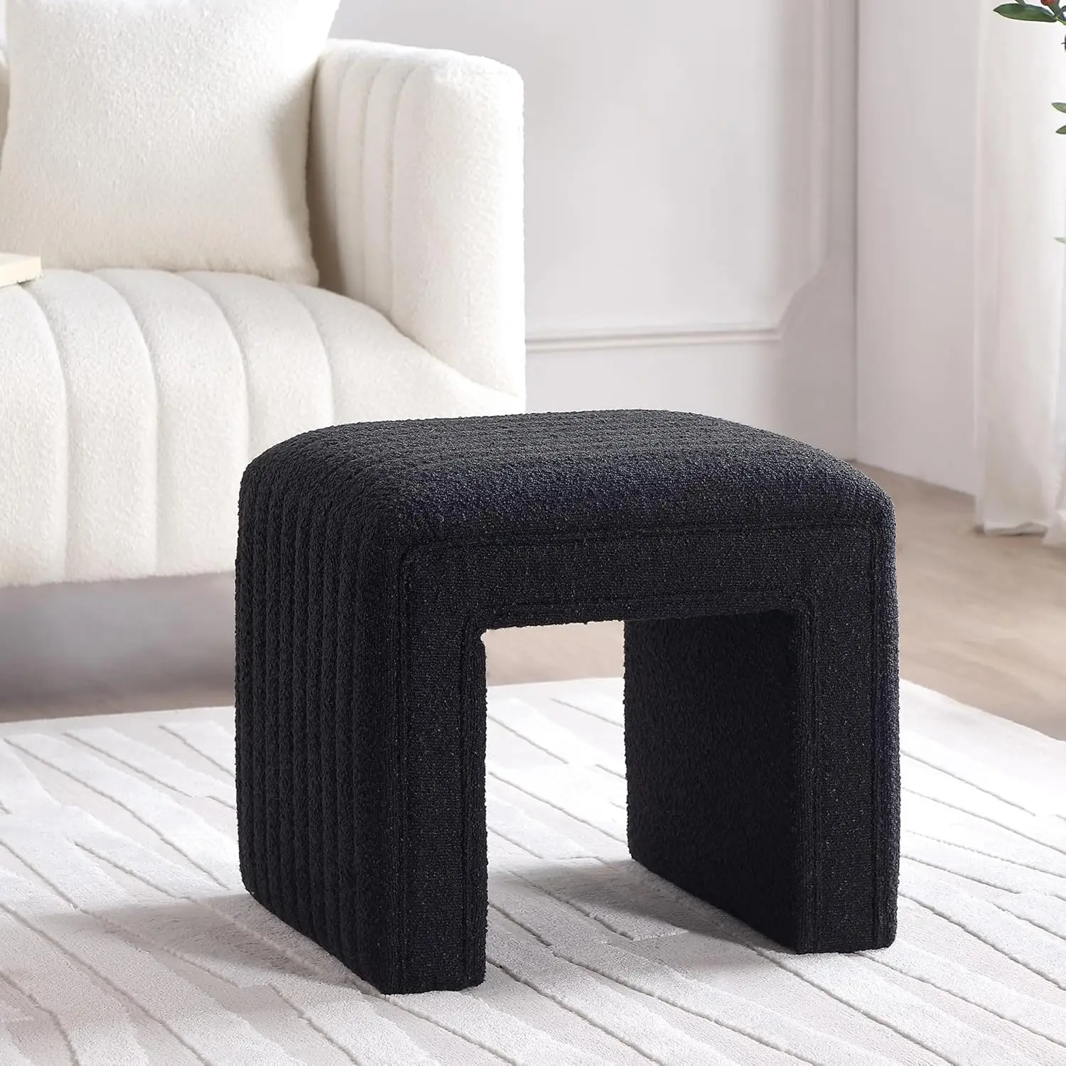 Set Style Vanity Stool Chair,Modern Boucle Ottoman Foot Stool with Wooden Legs Sofa Bench Footstool Extra Seat for Vanity,Makeup