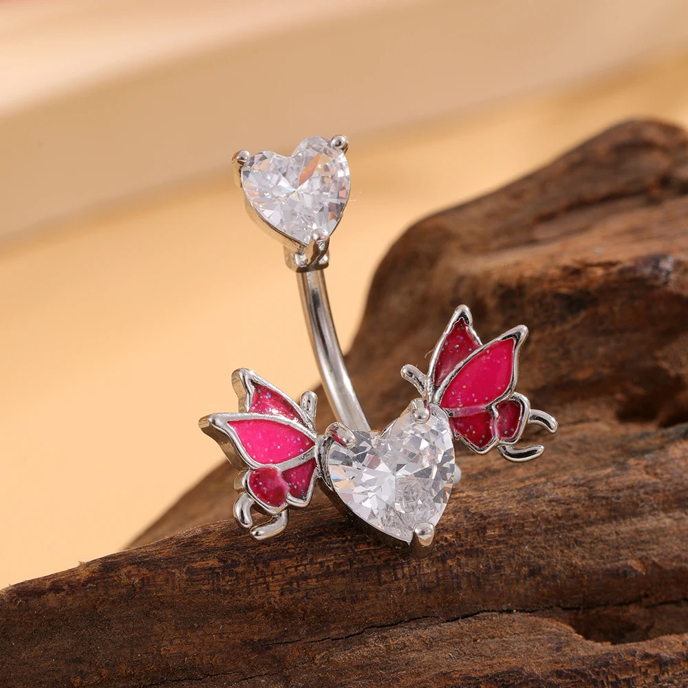 1PCS Pink Heart-Wing Butterfly Belly Button Rings Jewelry Stainless Steel Chain Dangled Navel Piercing Crystal Cute Belly Ring