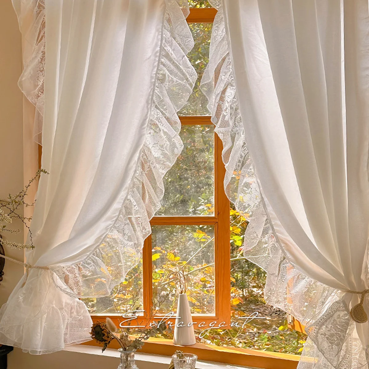 1 unidad, cortina transparente opaca más gruesa blanca de estilo rococó francés con Tirm Floral con volantes, cortina para ventanas pequeñas, cocina, decoración de la habitación