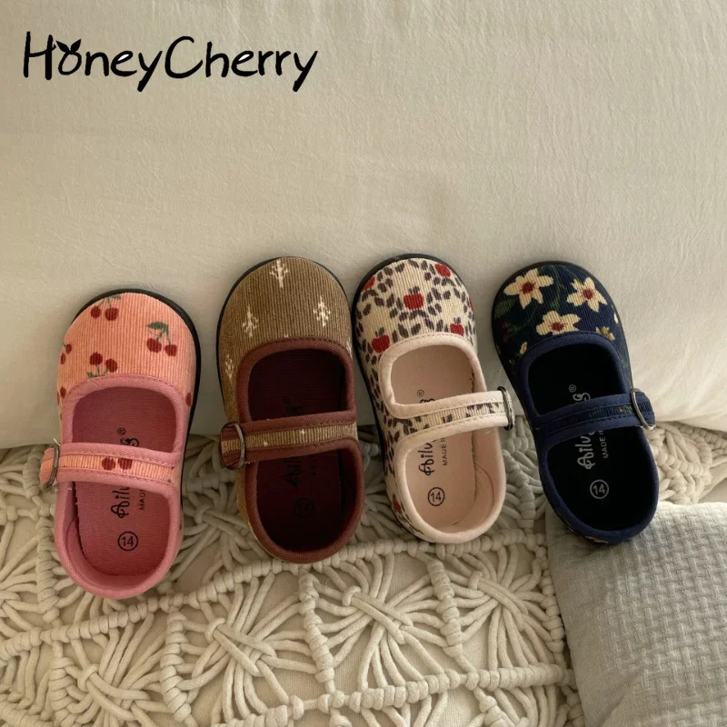 

HoneyCherry New Corduroy Floral Canvas Shoes Girls Square Mouth Indoor Shoes Soft Soled Non-slip Shoes