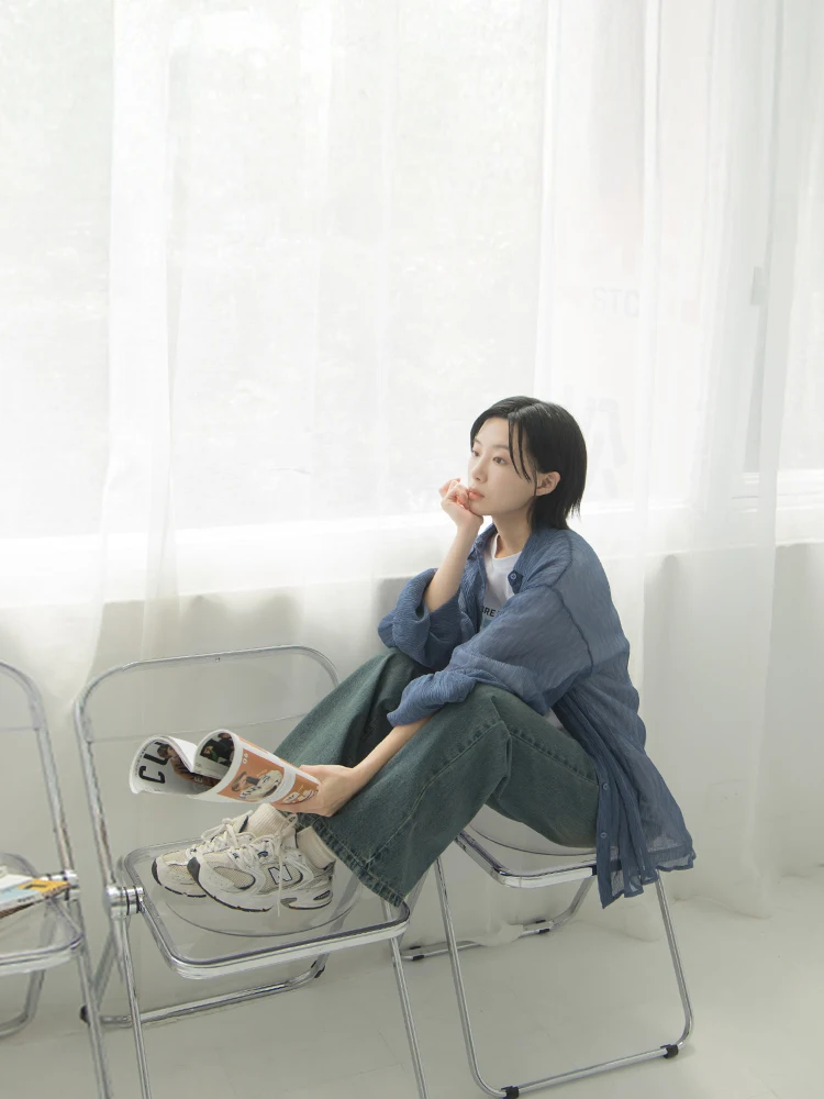 กางเกงยีนส์ผู้หญิง Queenop Retro Sle เอวสูง ทรงตรง หลวม ใส่สบาย ผ้าฝ้าย 100% รุ่นใหม่ล่าสุดสำหรับฤดูร้อน สีบรู๊ด ดีไซน์ขาดๆ