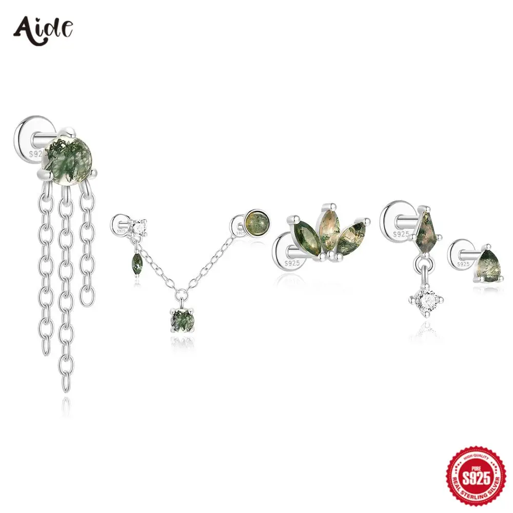 Aide 925 Sterling Silver NEW Arrival Natural Green Agate Stud Earring Hypoallergenic Silver Color DIY Studs Female Body Jewelry