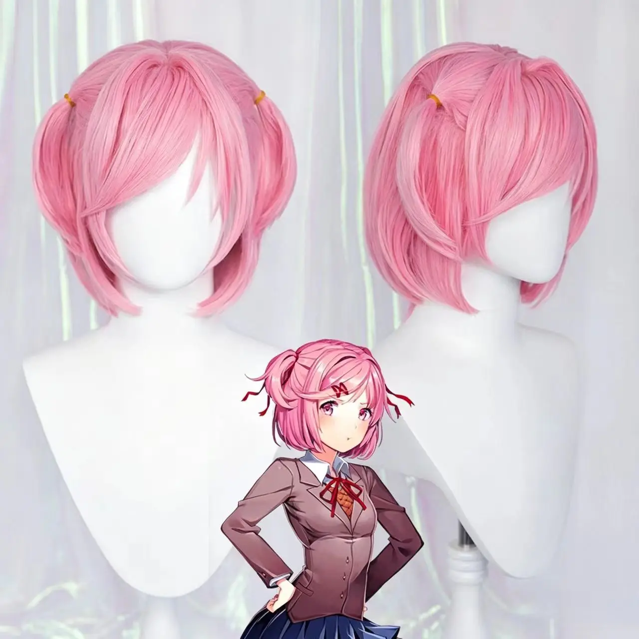 Peluca de Cosplay de Natsuki de Doki Doki Literature Club, Pre-Atada, Rosa, Doble Moño, Cabello Corto, Estilo Listo para Usar, Sin Recortes, Peluca de Disfraz de Anime