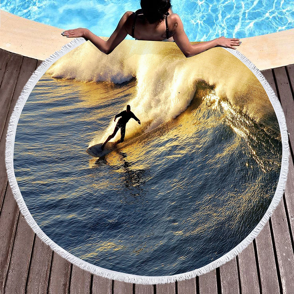 Extreme Sports Surfing Round Beach Towel, Microfiber Soft Beach Blanket, Absorbent Quick Dry Sand Free Pool Towel Picnic Mat