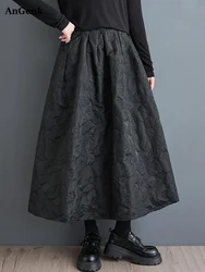 Black Vintage Floral High Elastic Waist Skirt Women New Loose Casual Midi Skirts Fashion Elegant Clothing Spring Autumn 2026