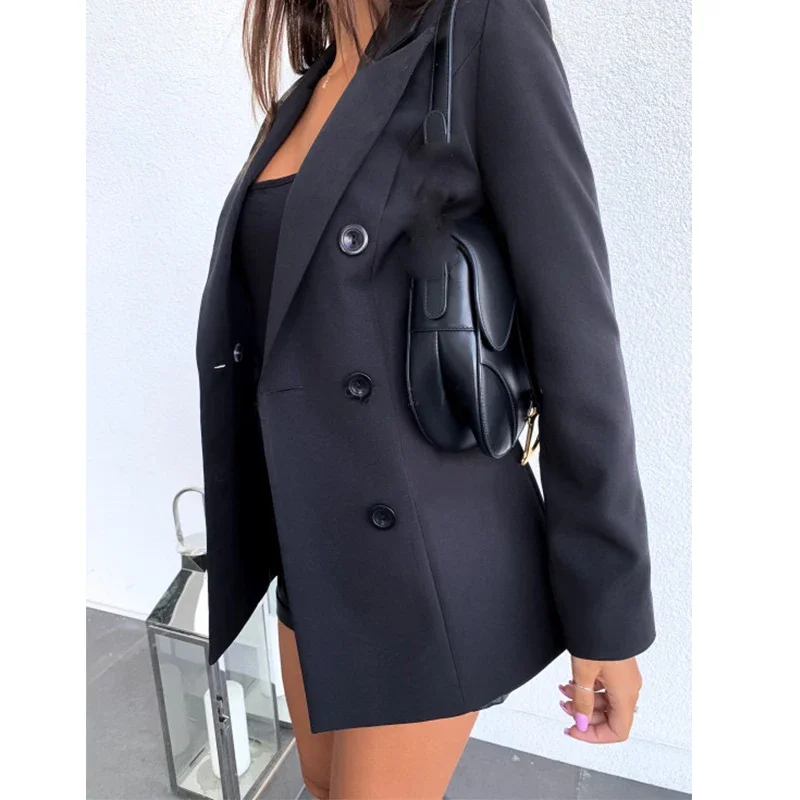 Solid Jackets Black Lapel Long Sleeves Button Office Lady Khaki Business Suits Blazer Winter Women Double Breasted Blazer Coats