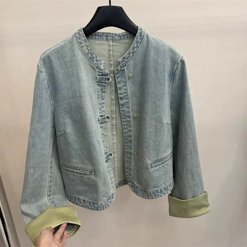 

New Chinese Style Short Denim Jacket Women's Spring Anti-Aging Design Collar Button up Top Trendy Fashion Outerwear