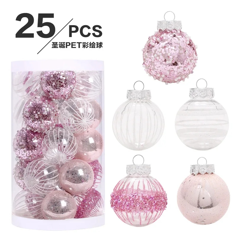 Imagem -05 - Pet Painted Ball Grupo Pingentes de Árvore de Natal Restaurante Sala de Estar Home Party Decoration 25 Pcs Rosa Branco