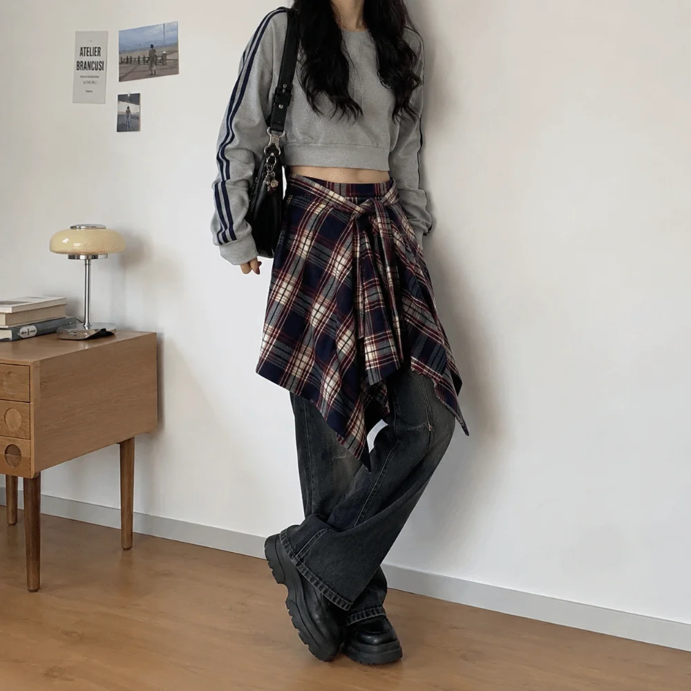 

Curtain Design Irregular Plaid Skirt Underskirt Hip-hop A-line Shortskirt Vintage Lace Up Grid Wrap Skirt Street Snap
