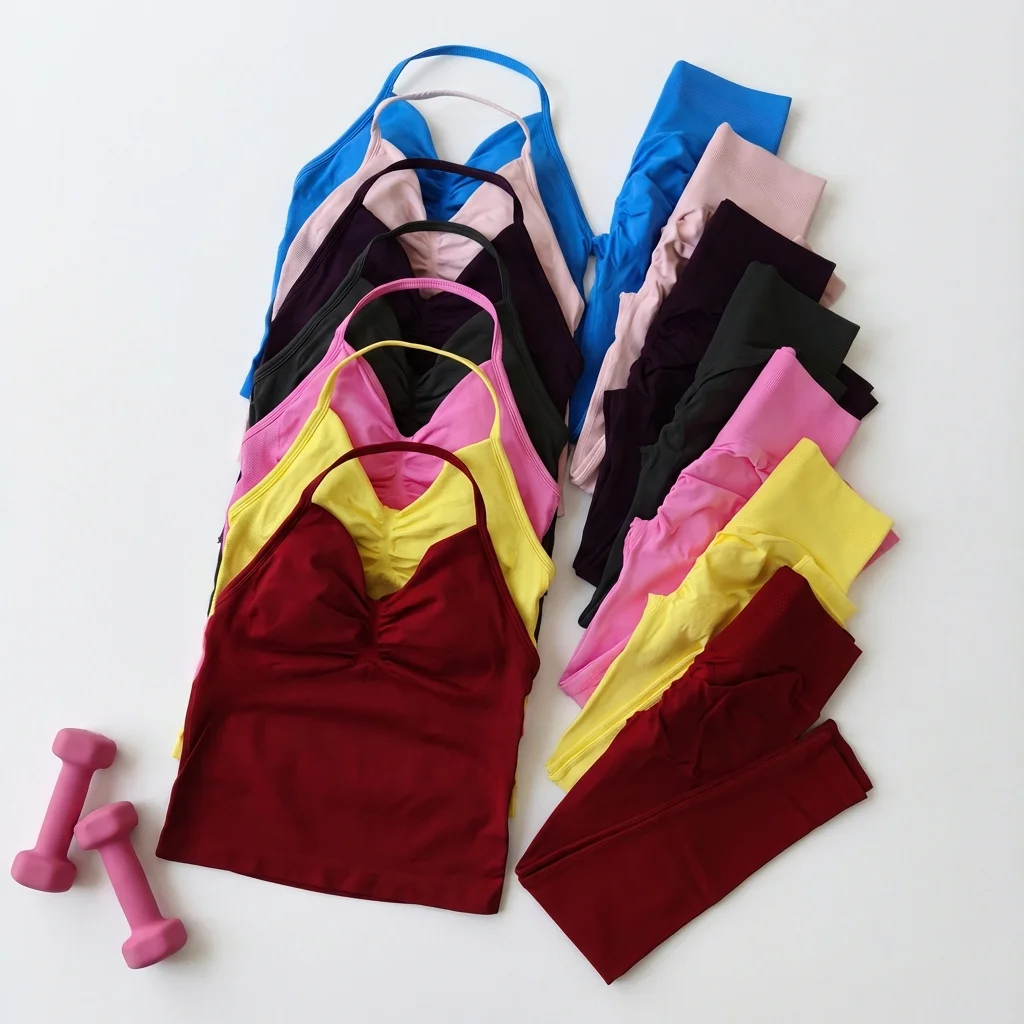 2-teiliges Yoga-Set für Damen: Rückenfreies Neckholder-Top, Hochgeschnittene Nahtlose Shorts, Fitness-Sportbekleidung, Workout-Set – Detail 14