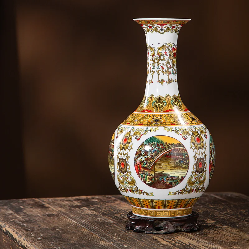 Antique Enamel Flower Vase High-temperature Firing Ceramic Container Qingming Shanghe Picture Home Decor Wine Cabinet Ornaments