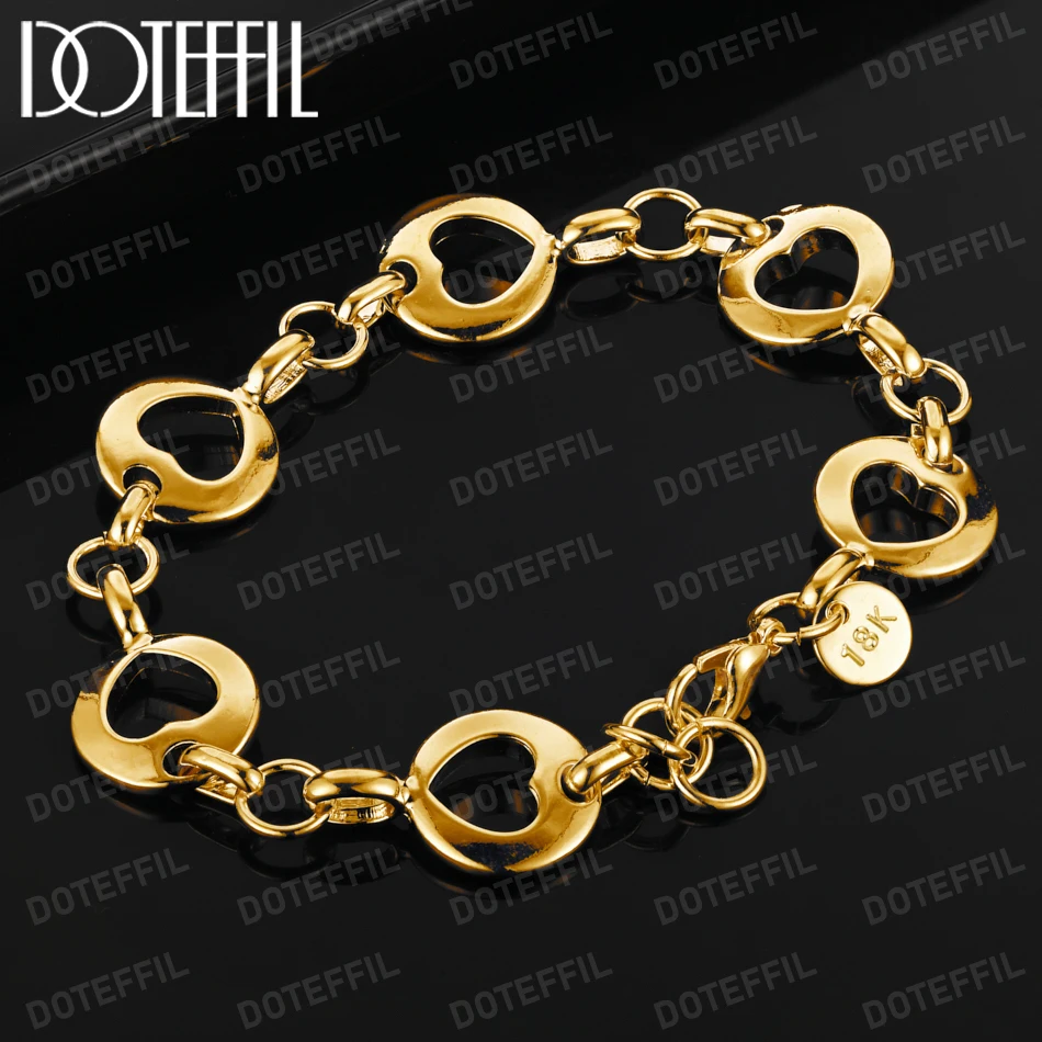 

DOTEFFIL 18K Gold Full Heart Chain Bracelet Fashion For Women Wedding Engagement Jewelry