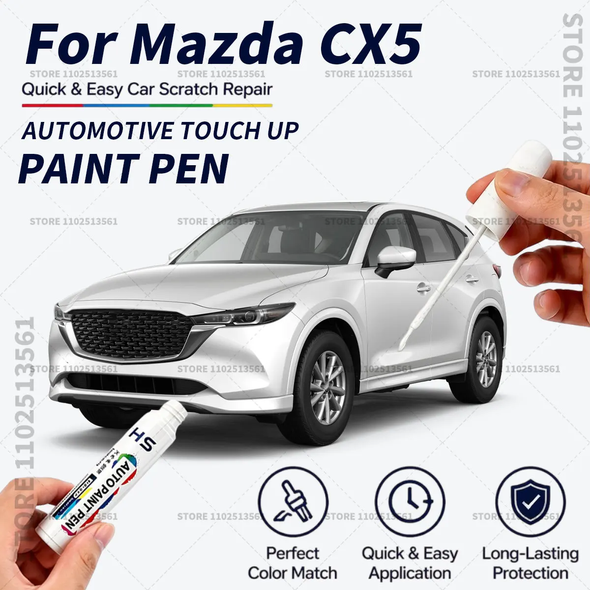 For Mazda CX5 White 34K Black Quick Dry Car Touch Up Paint Pen Auto Scratch Repair Brush for Paint Chips Scratches and Scuffs